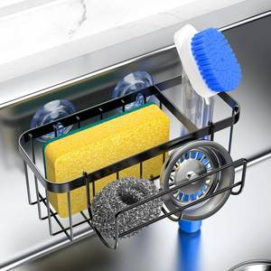 lot 3889 image: HOKEMOM 3-in-1 Kitchen Sink Caddy Organizer with Sponge Holder, Brush Holder, Extra Rack for Scrubber, Sink Stopper, Dish Cloth Hanger - Strong Dual Suction Cup, 2.0mm SUS304 Stainless Steel - Black