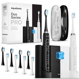 lot 3914 image: Aquasonic Duo Series PRO UV - ADA Accepted Electric Toothbrushes with UV Sanitizer - Inductive Charging Base - 5 Modes with Smart Timers - 10 Proflex Brush Heads & 2 Travel Cases