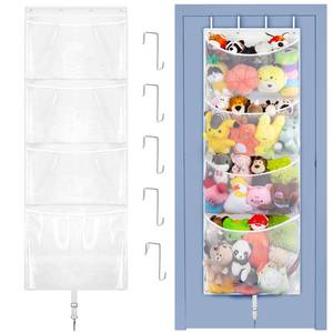 lot 3937 image: Woodoulogy Hanging Stuffed Animal Storage, Over Door Large Plush Toy Organizer with Metal Hook, Baby Accessory Holder Idea for Nursery, Doll & Bear Mesh Hammock Bag for Girl Boy Kid Room