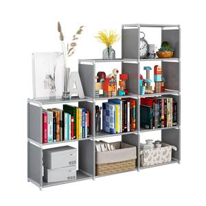 lot 3942 image: JIUYOTREE Portable Bookshelf, 9 Cube Closet Storage Organizer Bookcase,Clothes Storage for Living Room,Study Room,Bedroom, Grey