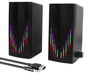 lot 3952 image: YXHDZ Black Computer Speakers, Speakers for Computer Desktop PC with Colorful Dynamic RGB Lighting, USB Powered Gaming Speakers with 3.5mm Aux Cable for Monitor Laptop Tablet