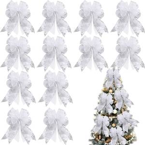 lot 3982 image: 12 Pieces Christmas Tree Ribbon Bow 6.3 x 9.5 Inch Patterned Ribbon Xmas Bow for Christmas Home Decoration (Silver)