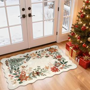 lot 4006 image: Lahome Floral Christmas Rug, 2x4 Washable Christmas Kitchen Rugs Indoor Ultra-Thin, Soft Christmas Rugs for Entryway Door Mat Holiday Rugs for Bathroom Bedroom, BeigeMulti