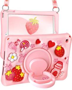 lot 4024 image: Boaretiu for iPad 9th8th7th Generation 10.2 Inch Case (202120202019) - Soft Silicone Cute Cartoon with Shoulder Strap & Rotating Stand Kawaii for Women Girls Girly Teens Cover, Strawberry