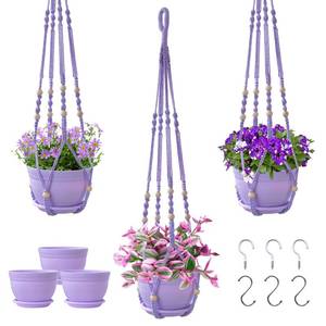 lot 4025 image: Checrxy Macrame Plant Hanger with Pot, 3 Set Hanging Planters for Indoor Plants, Handmade Cotton Rope Boho Home Decor, Idea Gift for Anyone, Includes Plant Holders, Pots, Plates and Hooks (Purple)
