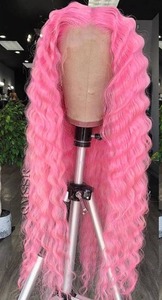 lot 4033 image: QMSSR Pink Lace Front Wigs Synthetic Long Wavy Hair Glueless Lace Wig for Fashion Women Pastel Pink Synthetic Lace Front Wigs Pre Plucked Natural Hairline