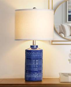 lot 4062 image: JUNNAI 24.5 Navy Blue Table Lamp Modern Bedside Ceramic Lamps for Living Room 3-Way Dimmable Entryway Nightstand Farmhouse Lamp for Home Office Bedroom, Bulb Included