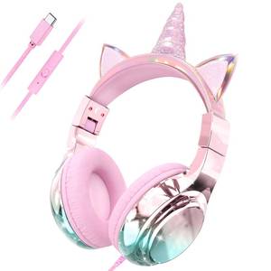 lot 4077 image: QearFun Kids Unicorn Headphones with USB C for Girls with Microphone, 8594dB Safe Volume Limiter, Tangle-Free Cord, Share Port, Foldable Sparkly Wired Headset for School, Travel, Tablet, iPad