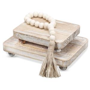 lot 4084 image: Capoda 3 Pcs Wood Risers for Decor Mini Wooden Pedestal Stands with Wood Bead Garland Farmhouse Vintage Rustic Decor Risers Stackable Kitchen Stand Tray for Home Bathroom Coffee Bar Table