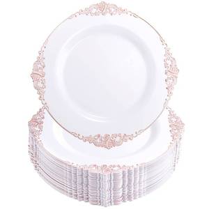 lot 4124 image: Morejoy 100 Pieces Rose Gold Plastic Plates - Rose Gold Disposable Plates - 10.25inch White Plastic Dinner Plates With Rose Gold Rim for Weddings & Parties & Shower