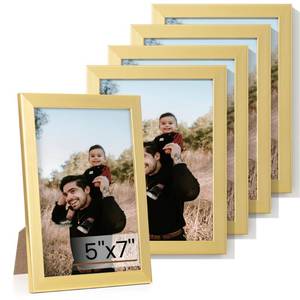 lot 4129 image: Heimlove 5x7 Picture Frame Set of 5,Gold Photo Frames Display 5x7 Pictures,Picture Frames 5x7 Wall Gallery Collage Tabletop or Wall Mount,Poster Frame Display for Certificate Document