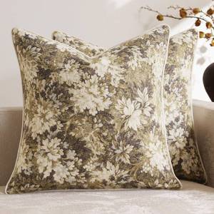 lot 4136 image: DEZENE Pack of 2 Vintage Floral Throw Pillow Covers 20x20 Boho Farmhouse Accents Chenille Square Decorative Pillow Cases for Living Room Couch Bed Home Decor, Beige