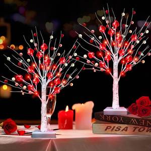 lot 4151 image: Prelit & Timer - Valentines Day Decorations, 1 Pack 18 Inch Valentines Day Tree Tabletop Lighted Birch Tree 24 LED Red Lights Heart Berries Battery Operated Valentine Decor Home Table Kitchen Party
