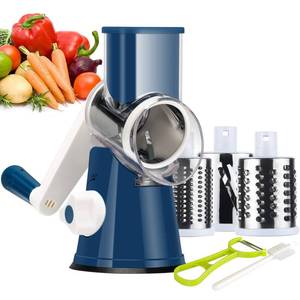 lot 4158 image: Ourokhome Rotary Cheese Grater Hand Crank, Kitchen Shredder Speed Mandolin Slicer Nut Grinder with Handle and Drum Blades for Cheese, Vegetable, Walnut, Chocolate, Potato, Carrot, 3 Blades, Dark Blue