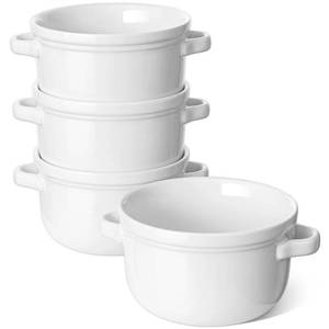 lot 4159 image: LE TAUCI Soup Bowls With Handles 28 oz, French Onion Soup Bowl for Chili, Beef Stew, Cereal, Ceramic Soup Crocks oven Safe, Microwave Dishwasher Safe - 5.5 inch, Set of 4, White