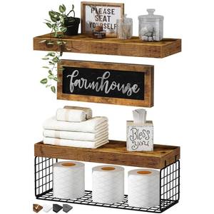 lot 4186 image: QEEIG Bathroom Shelves Over Toilet - Paper Storage Wall Mounted Farmhouse Decor Decorations Aesthetic Decor Sign Small Floating Wall Shelf 21 Set 16 inch Farmhouse, Rustic Brown (020BN-FH)