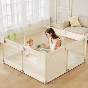 lot 4191 image: Uanlauo Beige Small Baby Playpen - 47x47in Playpen for Babies and Toddlers, Safe Indoor Play Pen, Baby Pen with Storage Bag and Breathable Mesh