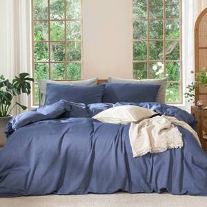 lot 4204 image: MooMee Bedding Duvet Cover Set 100% Washed Cotton Linen Like Textured Breathable Durable Soft Comfy (Heathered Blue, Queen 90x90)