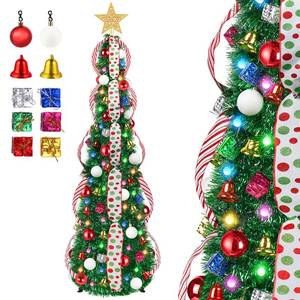 lot 4297 image: HUUIDY 5 FT Collapsible Pop Up Christmas Tree, Pre Lit Pencil Christmas Tree with Multi Color Change Lights and DIY 63 Ornaments, Pre Decorated Artificial Tree with Xmas Decor Home Indoor Party