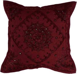 lot 4331 image: Indian Ethnic Cotton Maroon Mirror Embroidered Cushion Cover Throw Pillow Cases Decorative Pillows Cover Bohemian 16x16 Inches