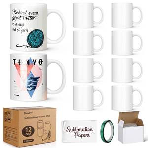 lot 4361 image: Dmsky Sublimation Coffee Mugs 11 oz Blank Bulk Coffee Mug White Ceramic Photo Cups With Box, Heat Tape, sublimation paper Ideal for Crafts Printing Set of 12