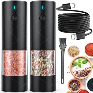 lot 4370 image: 2Pack Electric Salt and Pepper Grinder Set USB Rechargeable with Warm LED Light, Adjustable Coarseness Lidaop Large Capacity Automatic Salt Pepper Mill Shakers for Kitchen, Restaurant, Outdoor, Black
