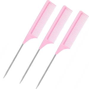 lot 4396 image: 3 Packs 9 Inch Rat Tail Comb Carbon Fiber Heat Resistant Teasing Comb with Metal Pick Styling Parting Lightweight Sectioning Fine Tooth Combs for Women Girls