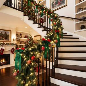 lot 4423 image: Syhood 12 ft (2 Pcs 6 ft) Pre Lit Christmas Norfolk Pine Garland with Lights 24 Christmas Ball Ornament 4 Large Velvet Bow Battery Operated Xmas Real Touch Garland for Mantle Fireplace Home Decoration