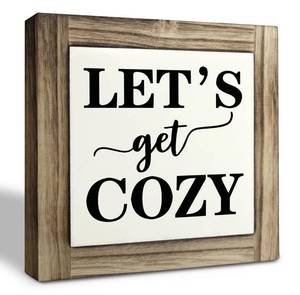 lot 4438 image: Inspirational Wood Signs, Box Wood Plaques Desk Decor, Farmhouse Home Decor Sign for Shelf, Family Table Decor for Kitchen Bedroom Dining Room, Living Room Decor, Housewarming Gift, Lets Get Cozy