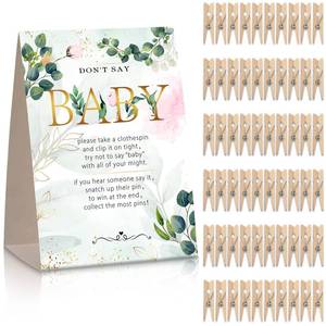 lot 4439 image: 61 Pieces Dont Say Baby Sign 5 x 7 Inch Baby Shower Games and 60 Mini Clothespins Shower Games for Guests Prizes with Pins for Gender Reveal Favors Party Decorations(Greenery Style)