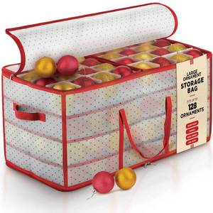 lot 4453 image: Plastic Large Christmas Ornament Storage Box with Adjustable Dividers, Organizer Holds 128 Large 3 Ornaments, Balls, Figurines Waterproof Holiday Decoration Container, Dual Zipper, Reinforced Handles