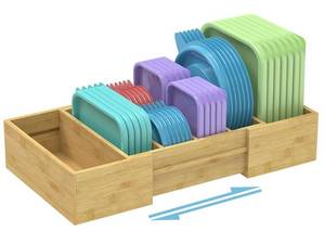 lot 4455 image: Retro Shaw Large Expandable Kitchen Lids Organizer for Cabinet, Covers, Pantry, Drawer & Countertop Storage, with 3 Adjustable Dividers, Hand-made Bamboo Food Container