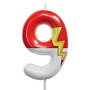 lot 4477 image: Red and White Birthday Number Candle Cartoon Style Cake Topper for Kids, Cute Decorative Numeral for Animated Theme Party & Anniversary Celebration (Pink Dot, 9) SLIGHTLY USED