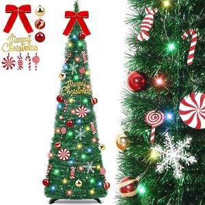 lot 4482 image:  Timer  6 Ft Pop Up Christmas Tinsel Tree, Green Collapsible Christmas Tree with 50 Colorful Light 16 Candy 10 Ball 4 Snowflake Merry Christmas Bow DIY Ornaments Battery Operated Xmas Decor Indoor
