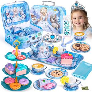 lot 4488 image: Hohosunlar Tea Party Set for Little Girls Toys, Princess Tin Tea Set for Kids with Teapot, Tea Cups, Play Food Dessert, Jewelry & Carrying Case, Christmas Birthday Gift for Girls 3 4 5 6 7 8 Year Old