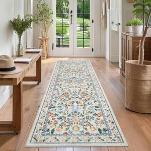 lot 4508 image: GarveeHome Washable Runner Rug 2 x 6 Non-Slip Non-Shedding Soft Vintage Bedside Rug, Low Pile Farmhouse Floral Carpet, Indoor Foldable Printed Entryway Rug for Hallway Kitchen, Green