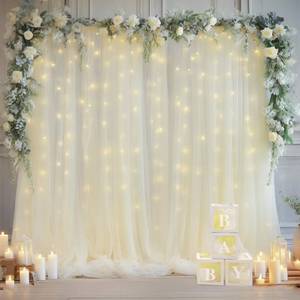 lot 4516 image: 10x8ft Ivory Tulle Backdrop Curtain with Lights String for Parites, Sheer Backdrop Curtains for Wedding Baby Shower Birthday Party Photo Shoot Decorations