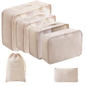 lot 4527 image: LANSKLBD 6 Set Packing Cubes for Travel, Luggage Organizers with Shoe & Toiletry Bags, Lightweight Suitcase Organizer for Carry-On, Washable Laundry Bags (Beige)