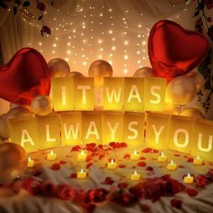 lot 4544 image: Peledic It was Always You Light Up Letters, with Tea Lights Candles, Rose Petals, Pearlescent Foil Balloons - Luminary Paper Bags, Anniversary Decorations and Proposal Decorations for Your Loved One