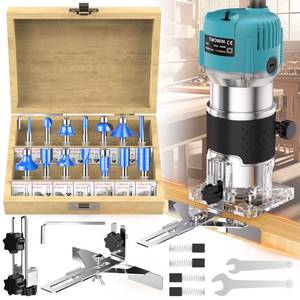 TwoWin Router Tool, 110V 800W Compact Wood Router Tool for Woodworking, Electric Hand Trimmer 1/4 Collets Palm Wood Router Tools Laminate Trimmer + Tungsten Carbide Router Bits 15-Piece Set