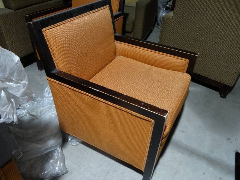 lot 6029 image: 4 Orange Chairs with Dark Stain Wood