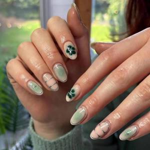 lot 5192 image: MERVF Press on Nails Medium Oval Fake Nail Green Aura Gradient Glue ons Flower Acrylic Nails Sliver Lines Y2K Glitter Design Manicure Supplies Glossy 24pcs