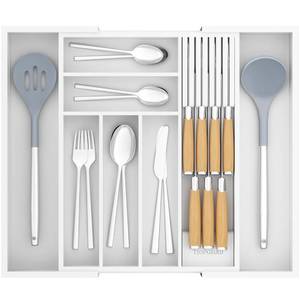 lot 5200 image: TIOPGHAD Bamboo-Silverware-Drawer-Organizer-Kitchen, Expandable Utensil Holder Cutlery Tray Flatware Organization Adjustable Wood Tableware Dividers Storage (with Removable Knife Block)(White)