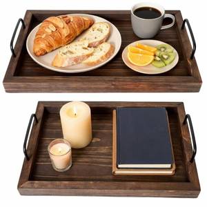lot 5204 image: Besti Rustic Vintage Food Serving Trays (Set of 2)  Wooden Board wMetal Handles  Stylish Farmhouse Decor Serving Platters  Small 13.5 x 2 x 9.5, Large 15.9 x 2 x 11.8 (Rustic Dark Brown)