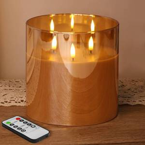 lot 5233 image: Eywamage 3 Wick Gold Glass Flameless Candle with Remote, Large Flickering LED Battery Pillar Candle F 6 H 6