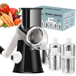 lot 5236 image: Ourokhome Rotary Cheese Grater Hand Crank, Kitchen Shredder Speed Mandolin Slicer Ice Shaver with Handle and Drum Blades for Cheese, Vegetable, Nuts, Chocolate, Potato, Carrot, 5 Blades, Black