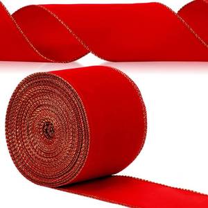 lot 5272 image: Yungyan Velvet Ribbons with Gold Edge Felt Ribbon Gift Bow Wrapping Ribbon Waterproof for Handmade, Home Decor, Gift Wrapping, Wreath DIY Crafts, Christmas Tree(Red,4 Inch X 35 Yards)