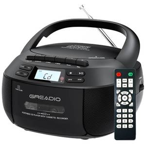 lot 5293 image: Greadio Boombox CD Player Cassette Player Combo, Boom Box Portable CD Players for Home with Bluetooth, Support AM FM RadioRemote ControlAUXUSBEarphone, ACBattery Operated, LCD Display (Black)