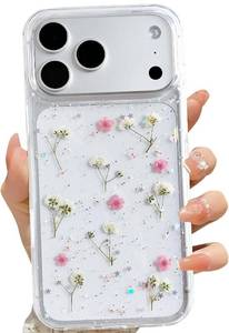 lot 5301 image: LSEEKA for iPhone 17 Pro Max Clear Case with Pressed Real Flowers Design,Glitter Cute Pink Floral Pattern Slim Soft TPU Protective Women Girls Phone Cover for iPhone 17 Pro Max