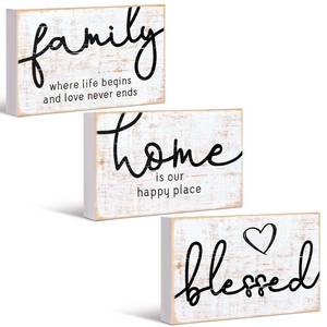lot 5302 image: Jetec 3 Pcs Family Home Blessed Rustic Wood Sign Mini Wood Decorative Farmhouse Woodworks Table Shelves Decorations Sign for Bedroom Kitchen Living Room Table Decor(Retro Color,4.25 x 2.76 x 0.59 in)
